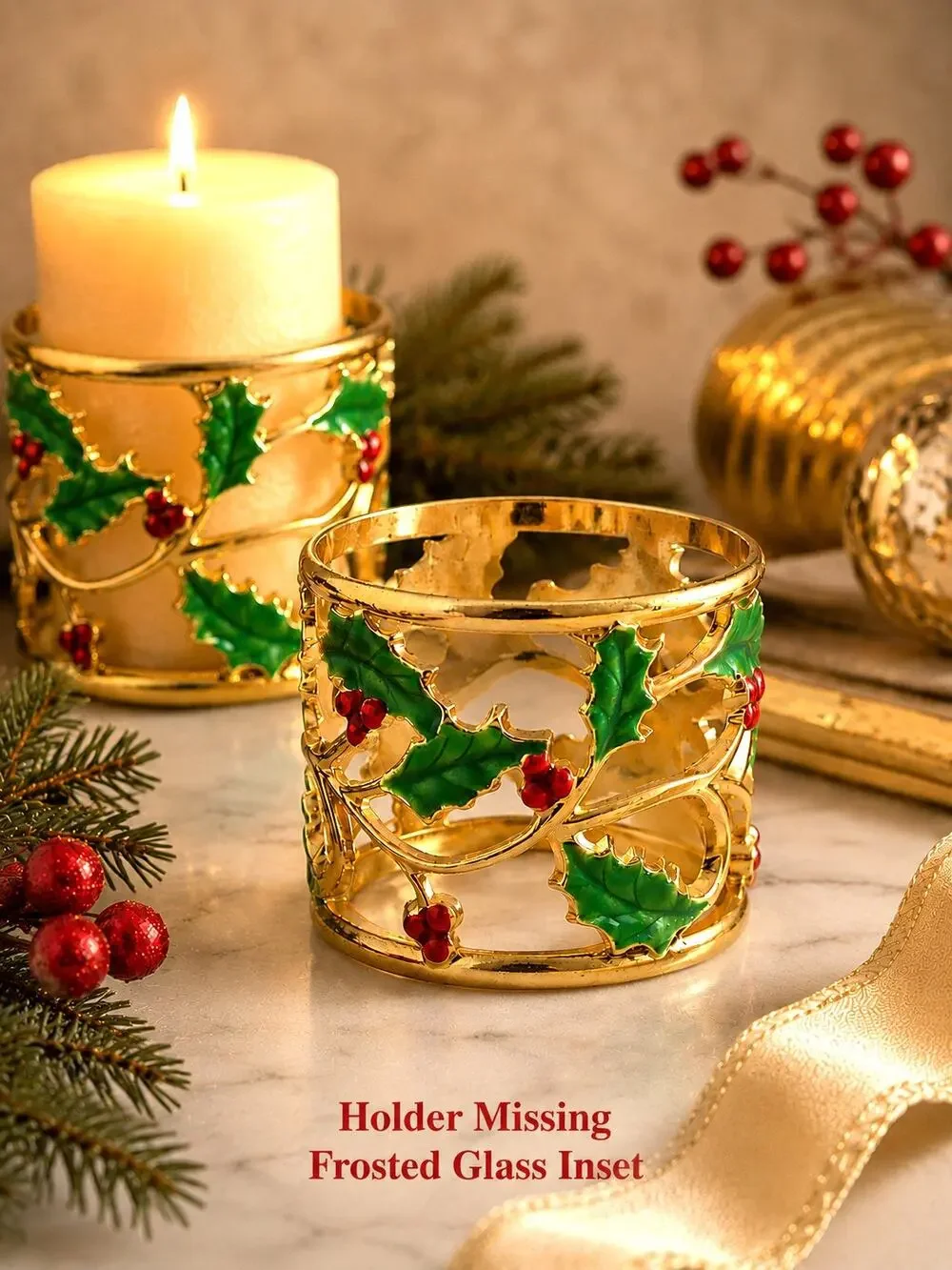 Lenox Holiday Gold Votive Candle Holder Holly Berries Christmas NO Glass Insert